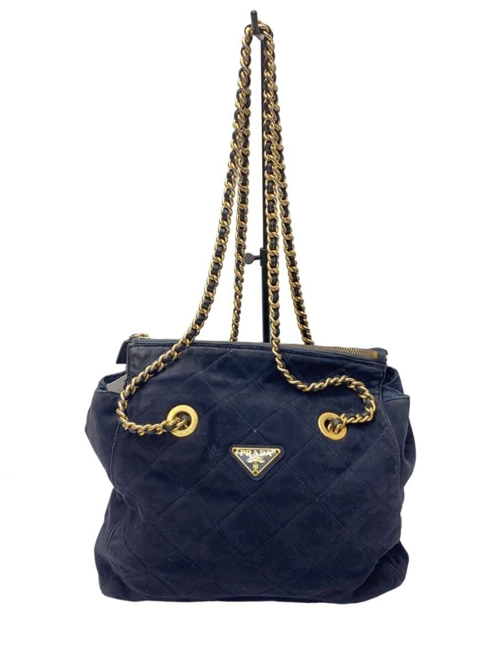 Prada quilted suede bag chain straps enamel triangle Blue